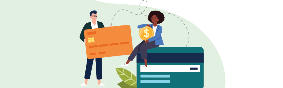 Man and woman sitting on Visa cards