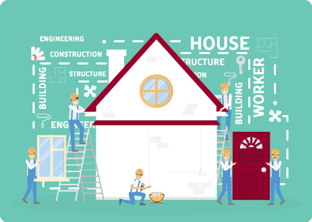 Construction workers building a house