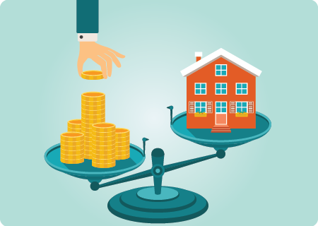 Coins and house on a scale